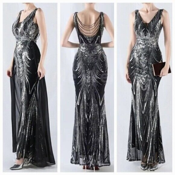 Black, Draped Skirt, Beaded Back,  V Neck,  Sleeveless, Sequined Mermaid… - Picture 2 of 16